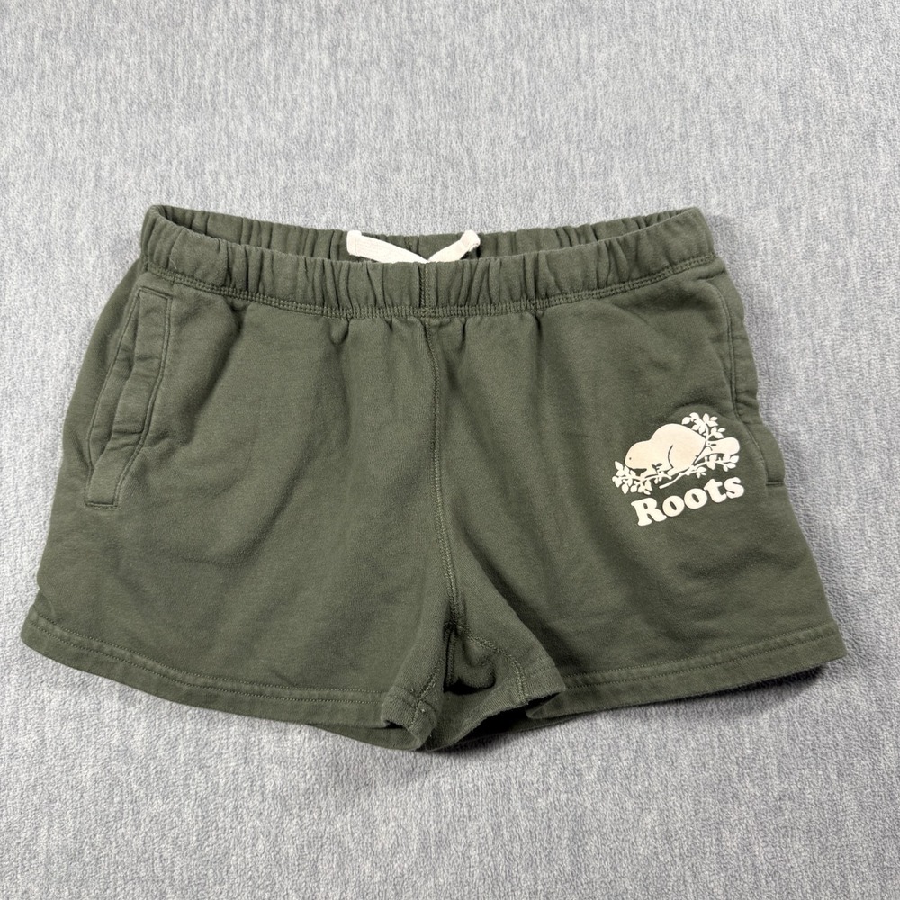 Roots Shorts Womens S Green Beaver Logo Elastic Drawstring Casual Lounge Sweat